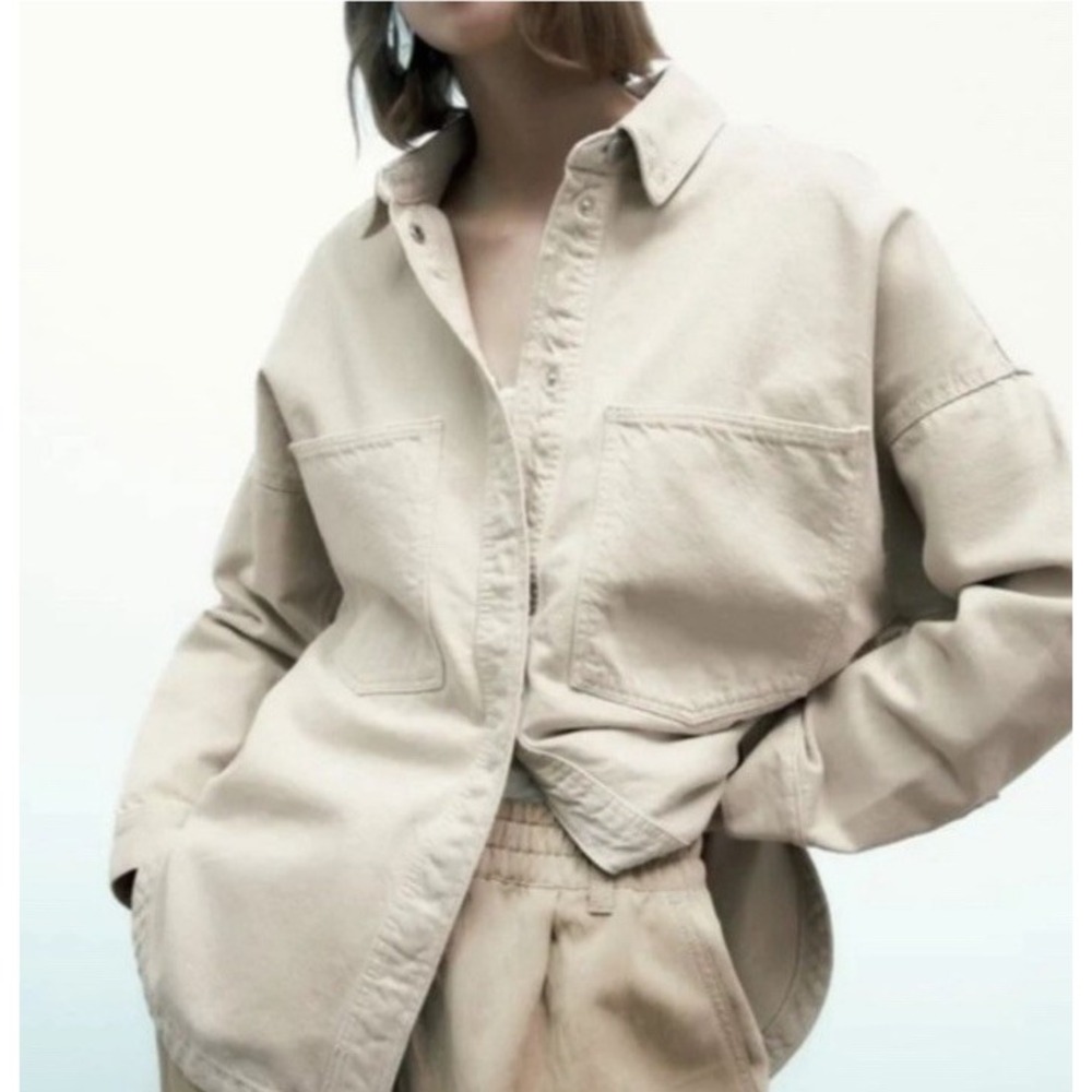 Zara Women's Off White Oversize‎ Denim Jacket Size L NWT